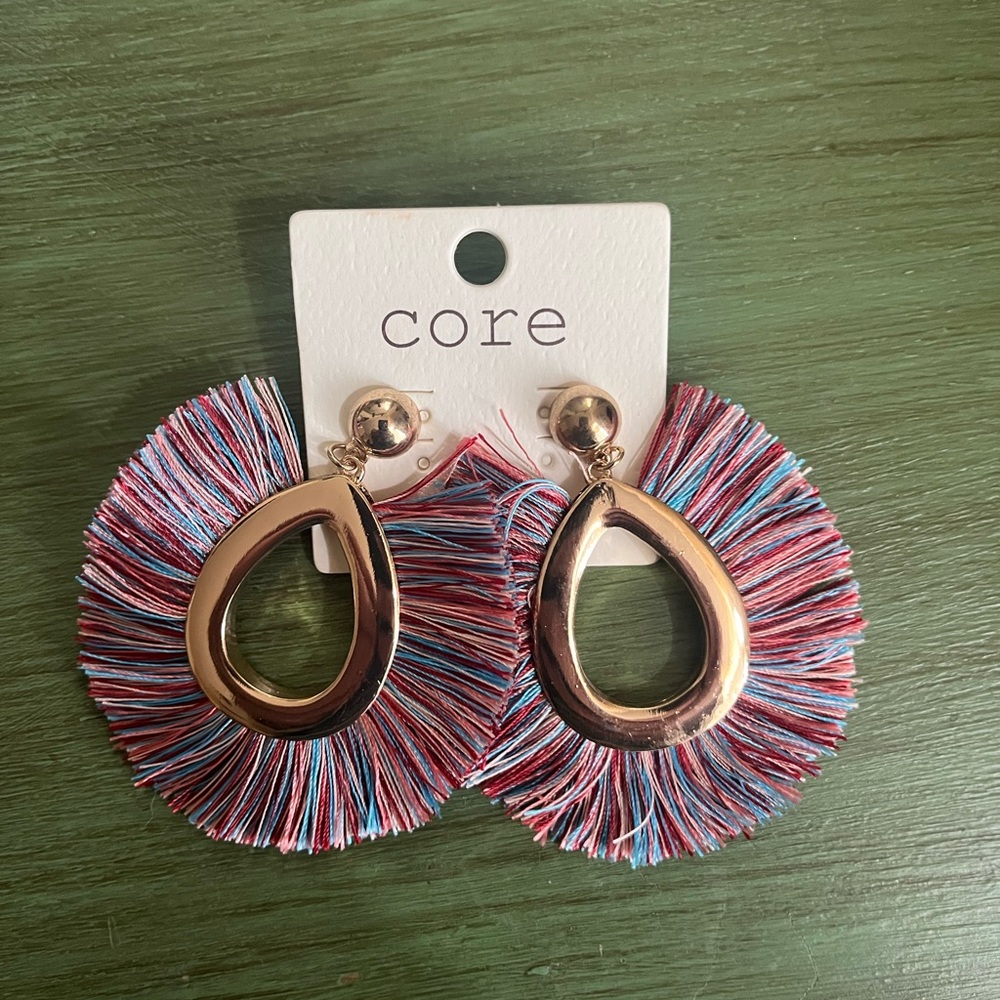 Gold Toned Teardrop Earrings with Colorful Fringe